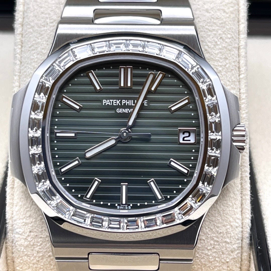 Luxury Watch Patek Philippe Nautilus Steel Olive Green Dial Baguette Diamond Bezel 5711/1300A Wrist Aficionado
