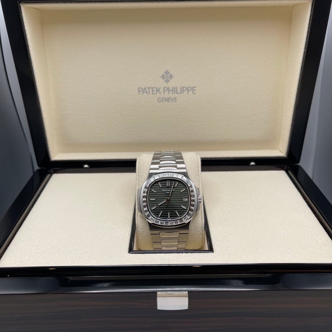 Luxury Watch Patek Philippe Nautilus Steel Olive Green Dial Baguette Diamond Bezel 5711/1300A Wrist Aficionado