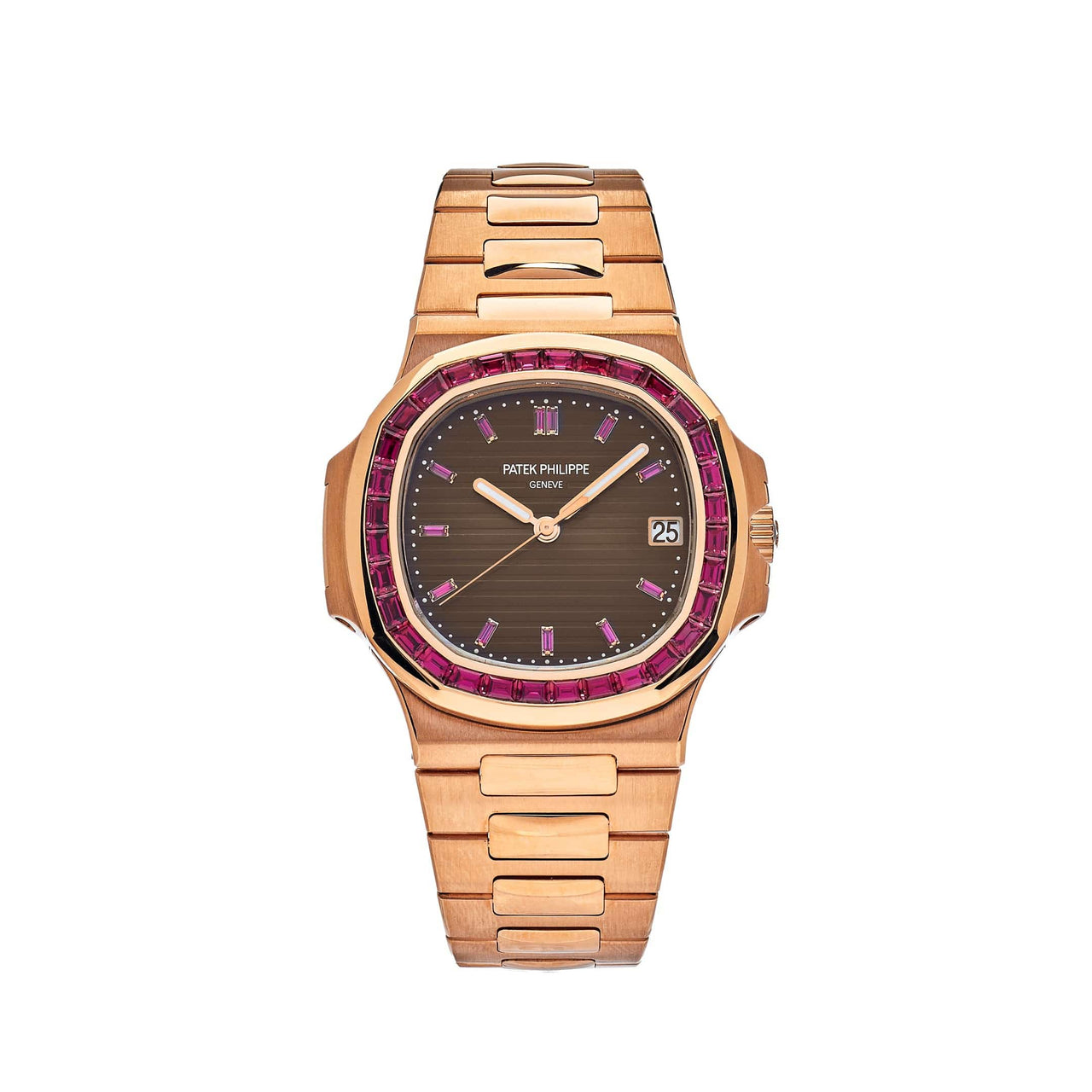 Luxury Watch Patek Philippe Nautilus Rose Gold Ruby Bezel 5723/112R-001 Wrist Aficionado