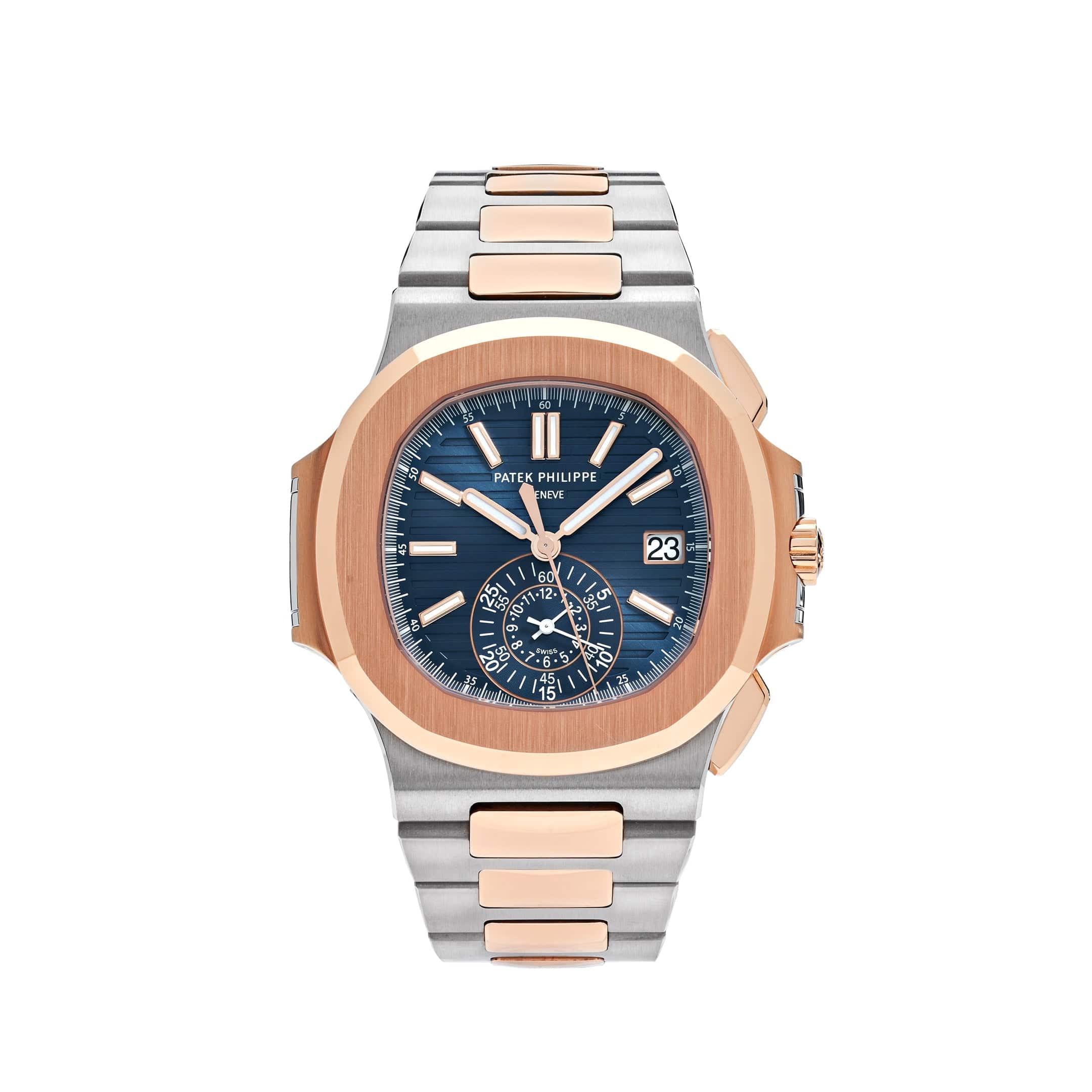 Luxury Watch Patek Philippe Nautilus Chronograph Steel & Rose Gold Blue Dial 5980/1AR-001 Wrist Aficionado