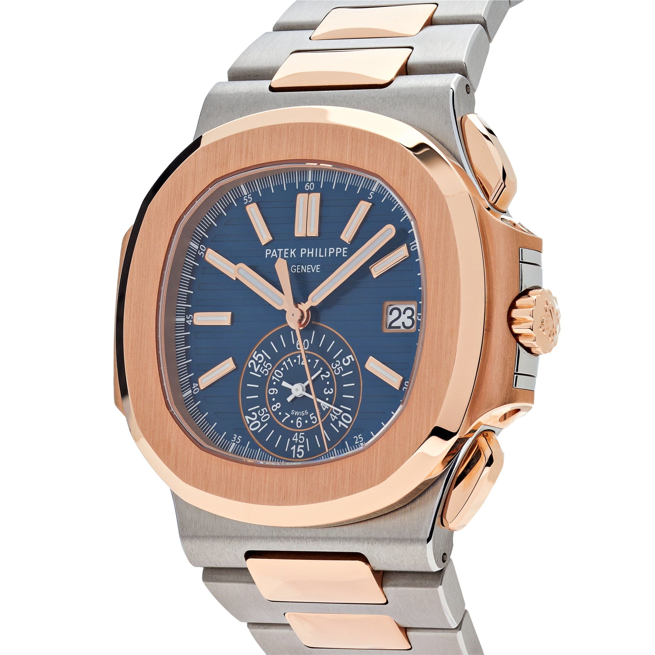 Luxury Watch Patek Philippe Nautilus Chronograph Steel & Rose Gold Blue Dial 5980/1AR-001 Wrist Aficionado