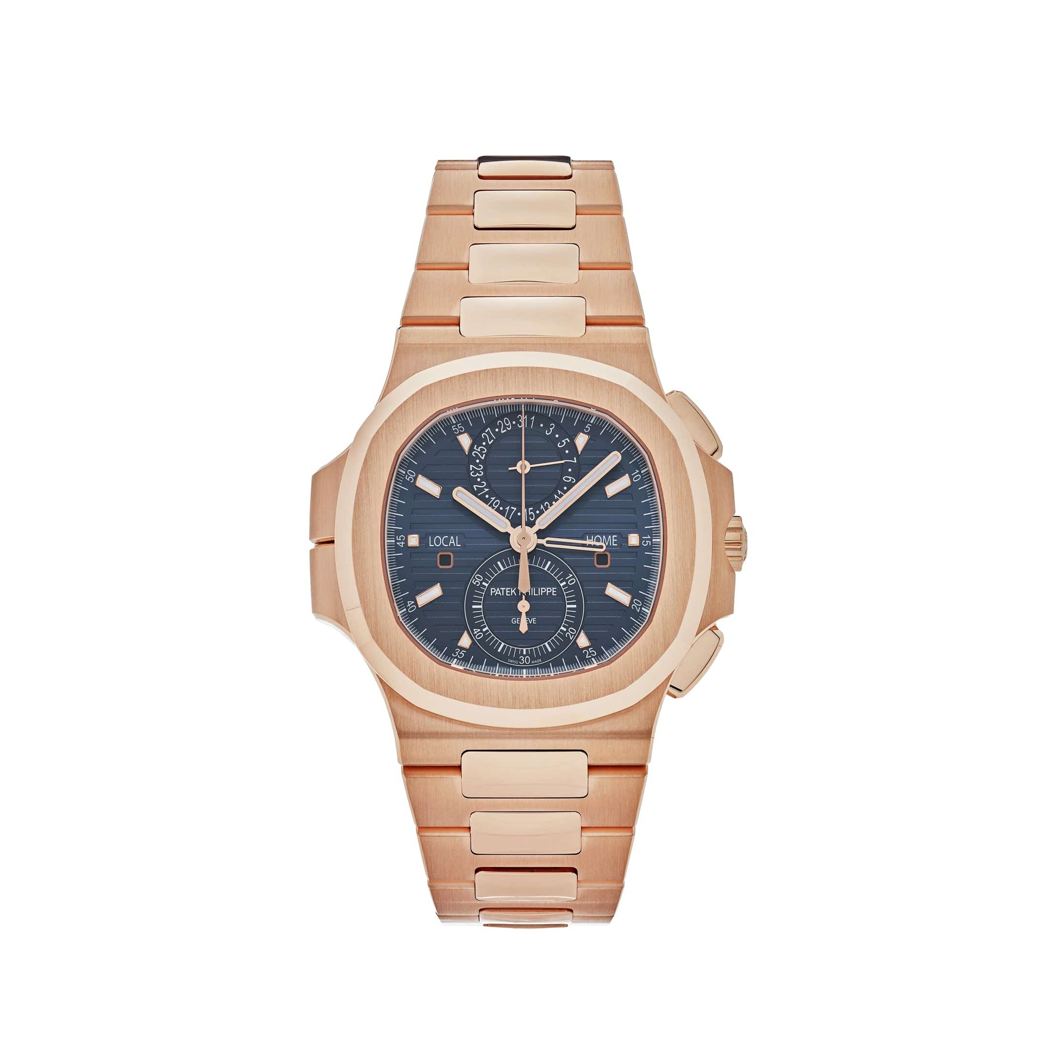 Patek Philippe Nautilus 5990/1R-001 Travel Time Chronograph Rose Gold Blue Dial