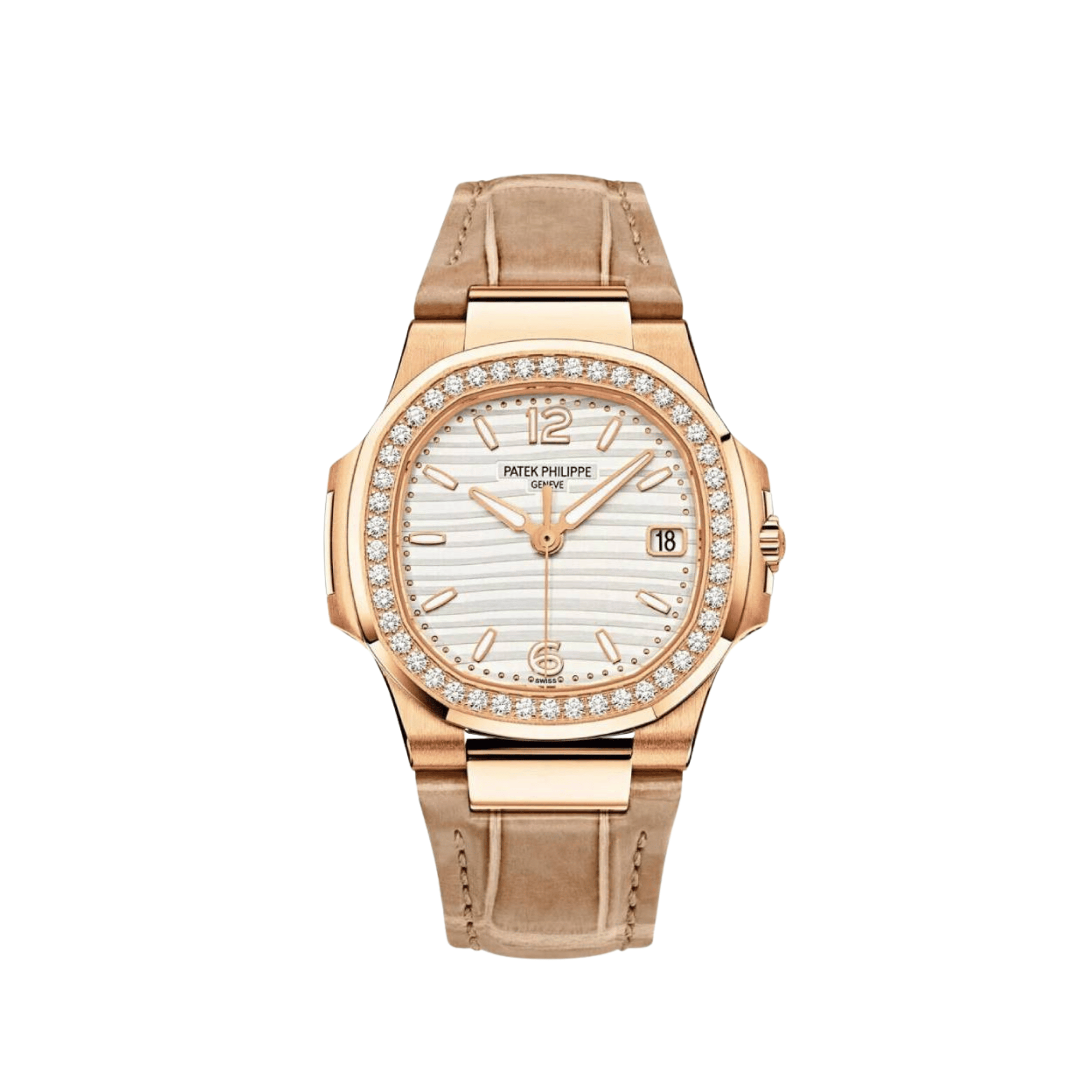 Patek Philippe Nautilus 7010R-011 'Ladies' Rose Gold Silvery Opaline Dial Diamond Bezel