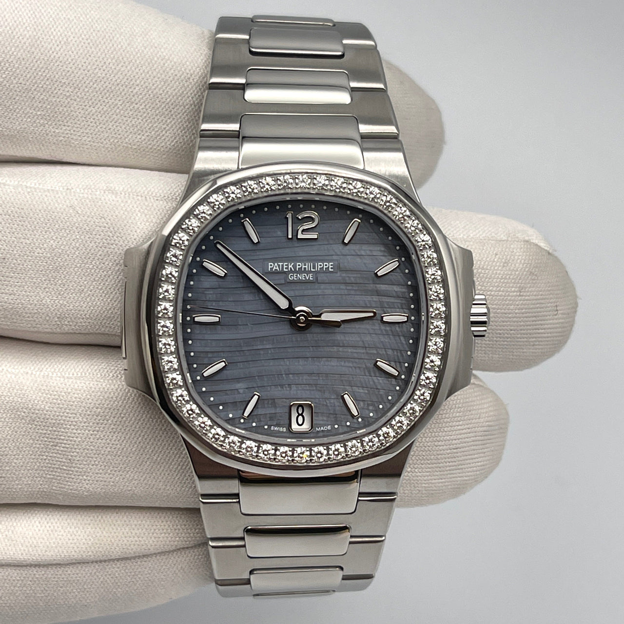 Luxury Watch Patek Philippe Ladies' Nautilus Steel Blue Tinted Mother of Pearl Dial Diamond Bezel 7018/1A-010 Wrist Aficionado