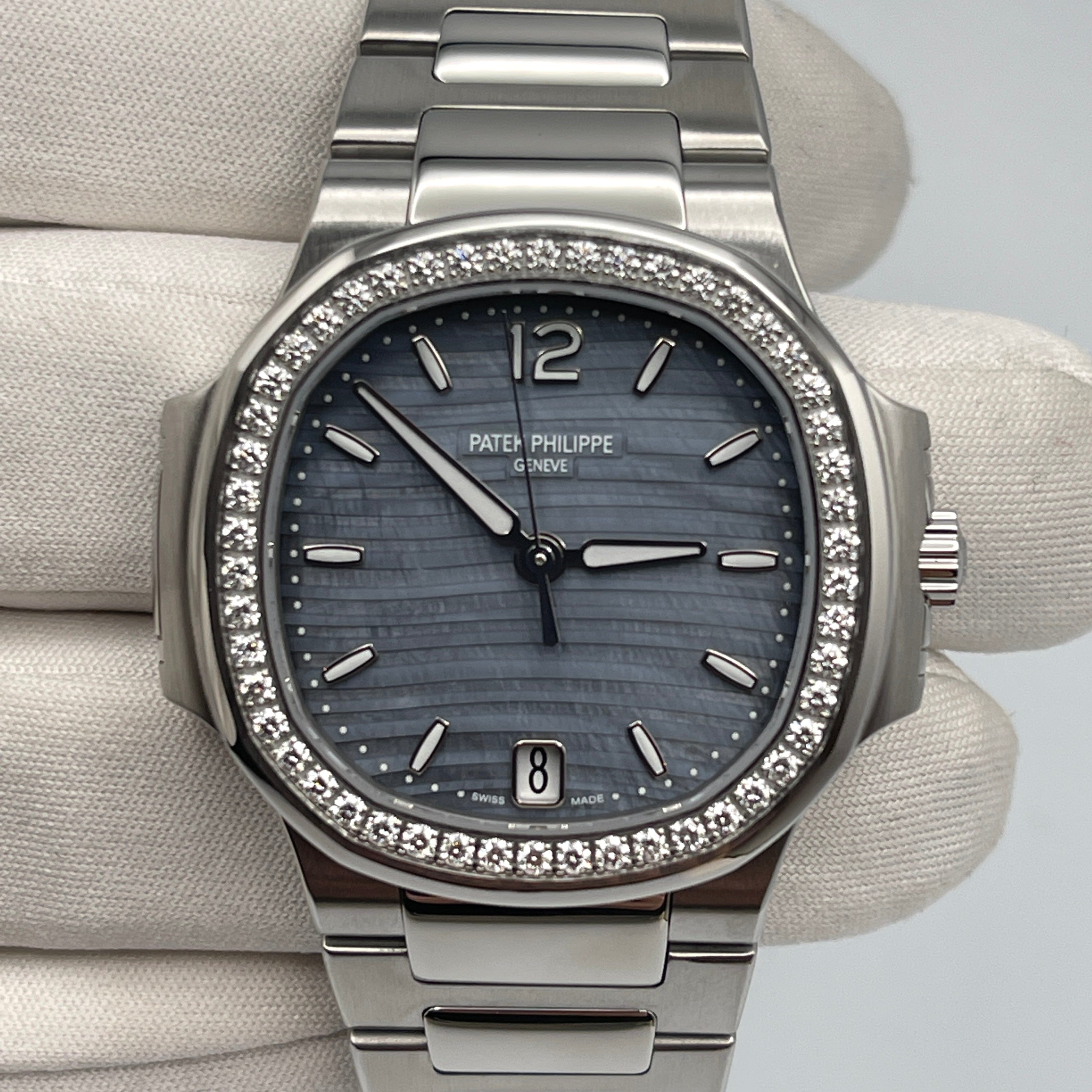 Luxury Watch Patek Philippe Ladies' Nautilus Steel Blue Tinted Mother of Pearl Dial Diamond Bezel 7018/1A-010 Wrist Aficionado