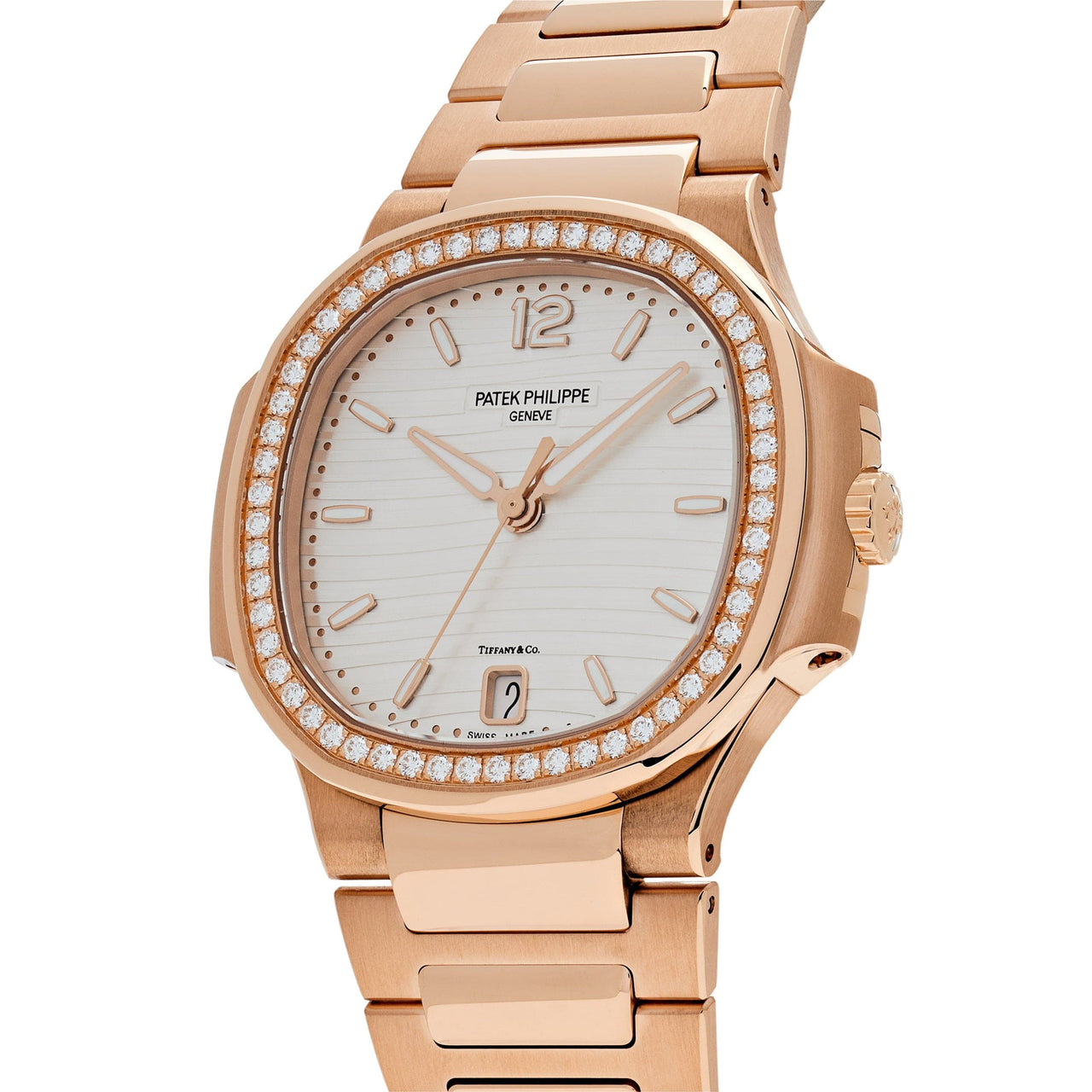Luxury Watch Patek Philippe Nautilus Rose Gold Diamond Bezel White Tiffany & Co. Dial 7118/1200R-001 Wrist Aficionado