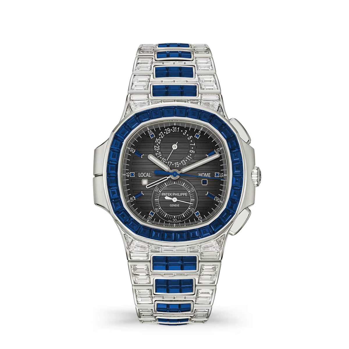 Patek Philippe Nautilus Haute Joaillerie 5990/1421G-001 Flyback Chronograph Travel Time White Gold Sapphire Grey Dial Sapphire Bezel (2026)