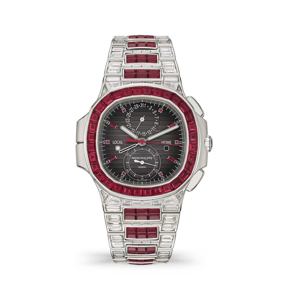 Patek Philippe Nautilus Haute Joaillerie 5990/1422G-001 Flyback Chronograph Travel Time White Gold Ruby Grey Dial Diamond Ruby Bezel (2026)