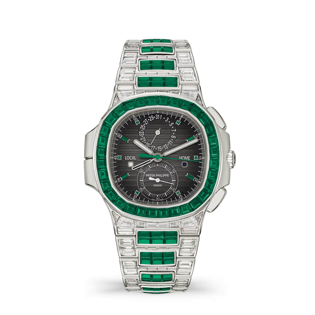 Patek Philippe Nautilus Haute Joaillerie 5990/1423G-001 Flyback Chronograph Travel Time White Gold Emerald Grey Dial Emerald Bezel (2026)