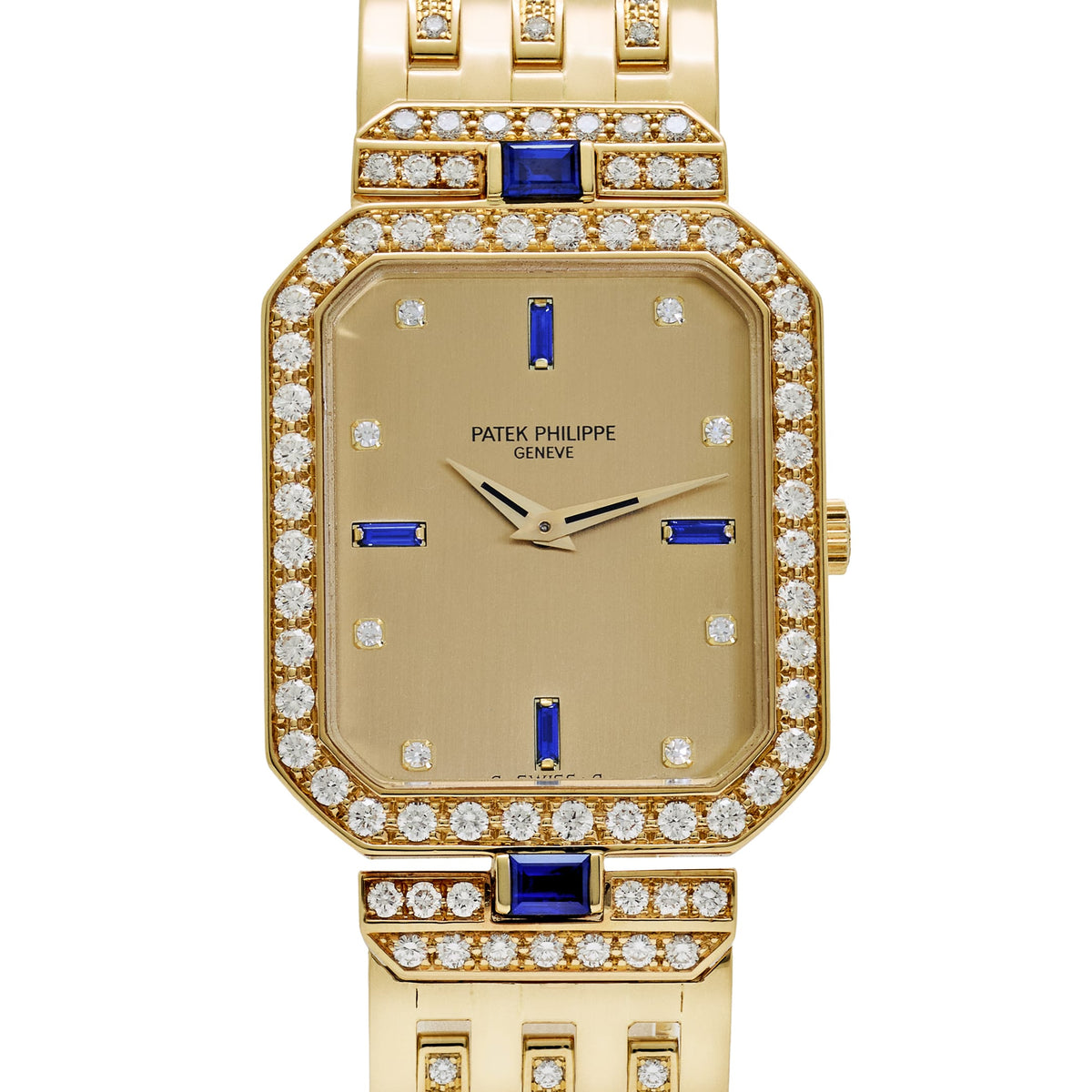 Patek Philippe Octagonal Watch 3847/001 Vintage 'Ladies' Yellow Gold Champagne Dial Blue Sapphire and Diamond-Set