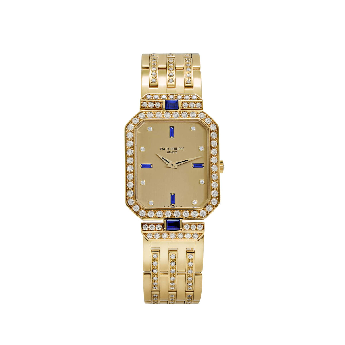 Patek Philippe Octagonal Watch 3847/001 Vintage 'Ladies' Yellow Gold Champagne Dial Blue Sapphire and Diamond-Set