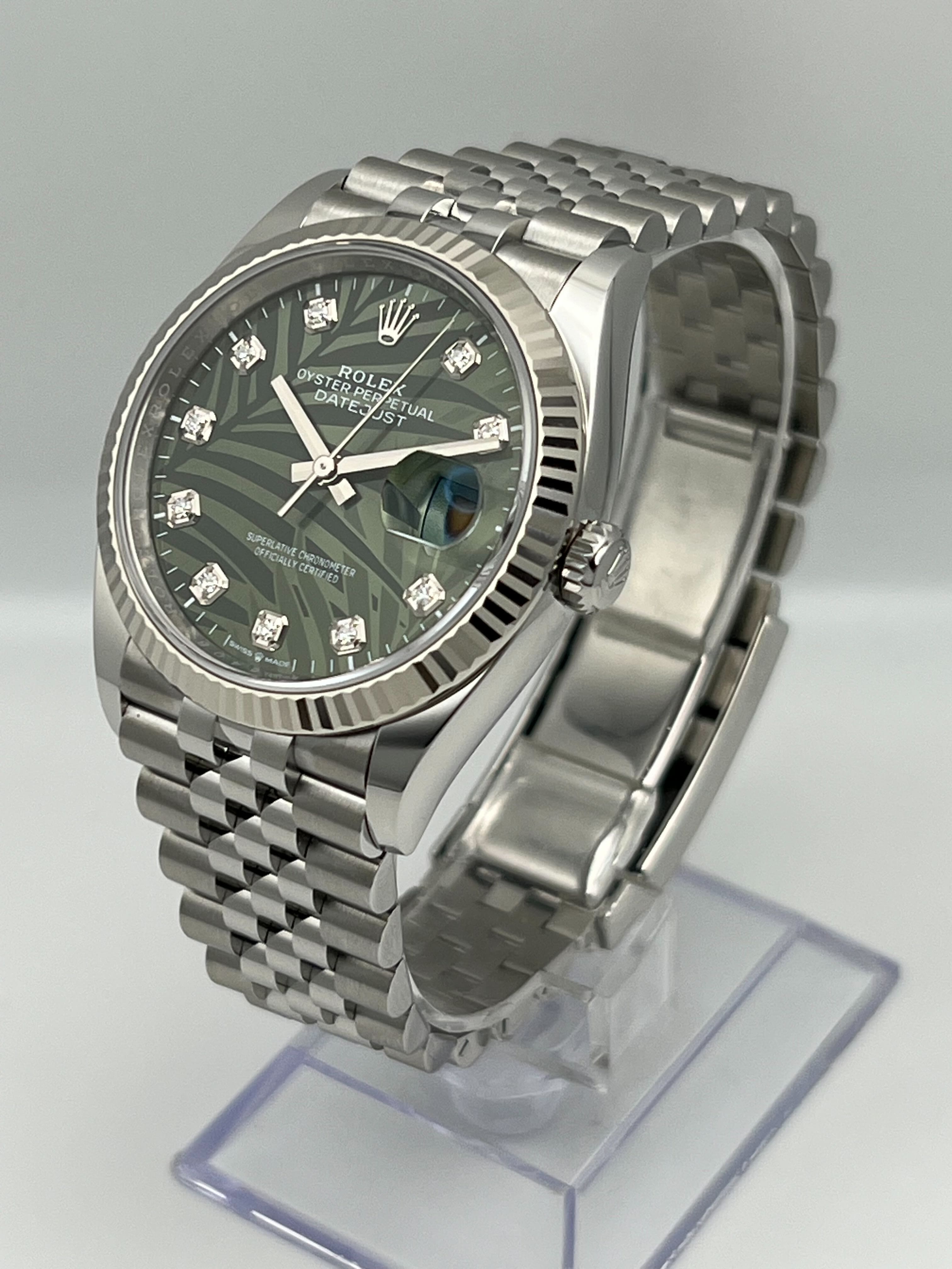 Rolex Datejust 126234 White Gold Stainless Steel Palm Motif Diamond Dial Jubilee