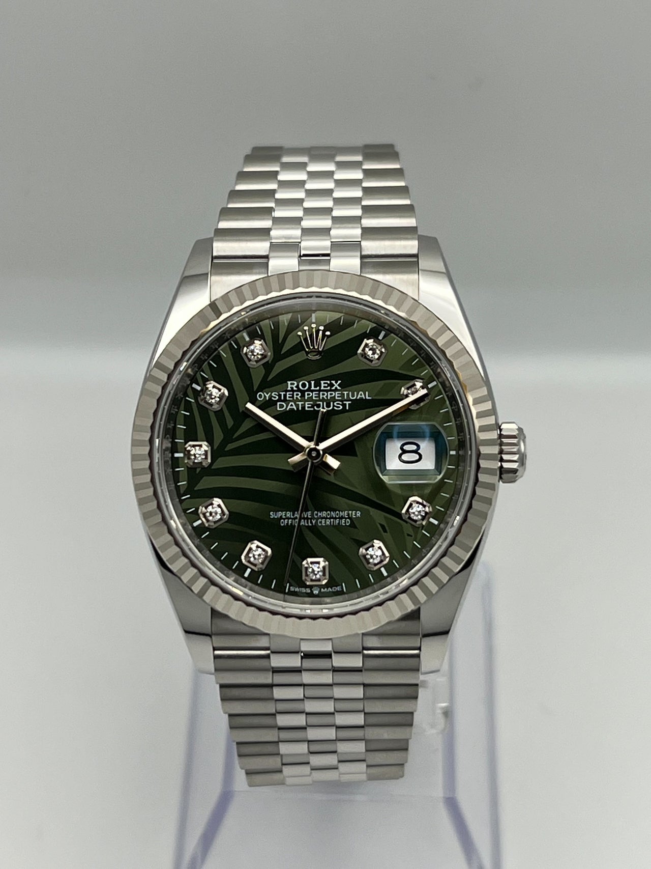 Rolex Datejust 126234 White Gold Stainless Steel Palm Motif Diamond Dial Jubilee