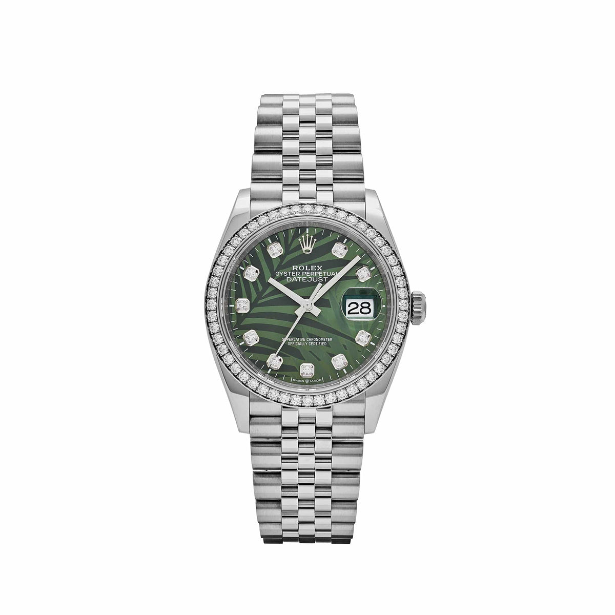 Rolex Datejust 36 126284RBR Stainless Steel Green Palm Frond Diamond Dial Diamond Bezel