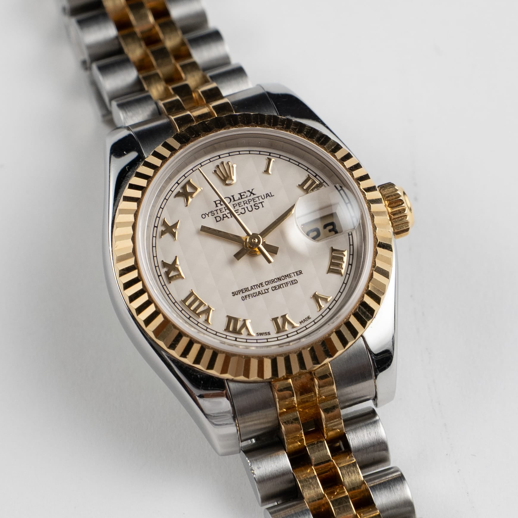 Rolex Datejust 179173 'Ladies' Stainless Steel Yellow Gold Ivory Pyramid Roman Numerals Dial Jubilee (2005)