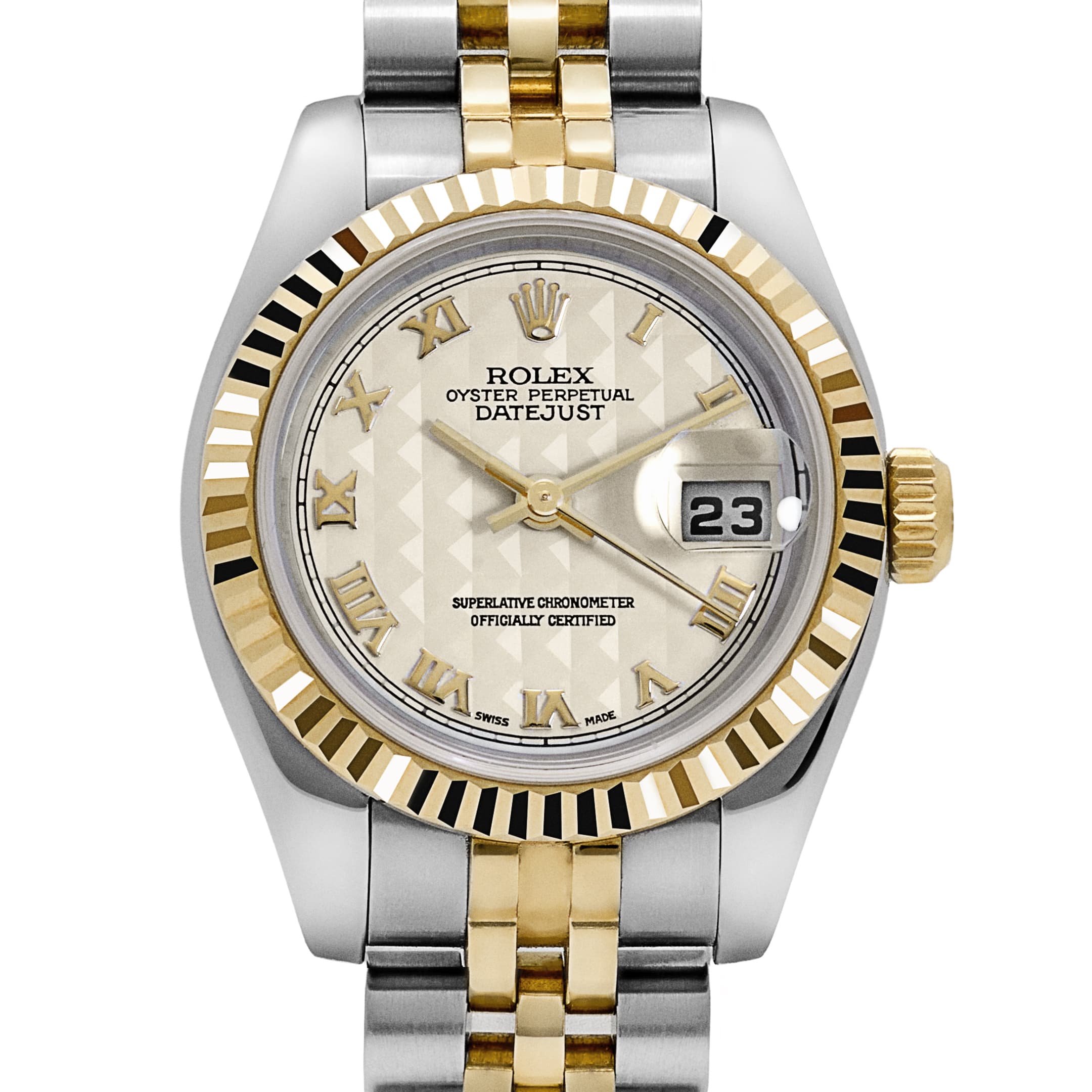 Rolex Datejust 179173 'Ladies' Stainless Steel Yellow Gold Ivory Pyramid Roman Numerals Dial Jubilee (2005)