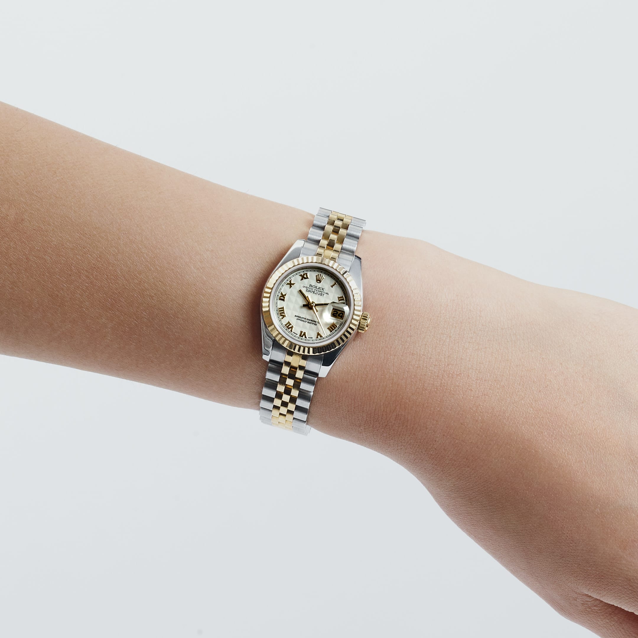 Rolex Datejust 179173 'Ladies' Stainless Steel Yellow Gold Ivory Pyramid Roman Numerals Dial Jubilee (2005)