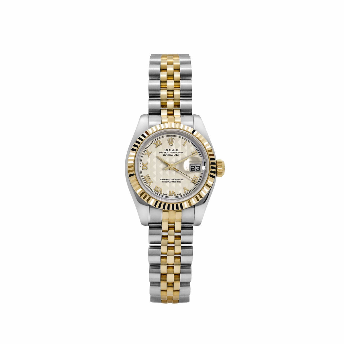 Rolex Datejust 179173 'Ladies' Stainless Steel Yellow Gold Ivory Pyramid Roman Numerals Dial Jubilee (2005)