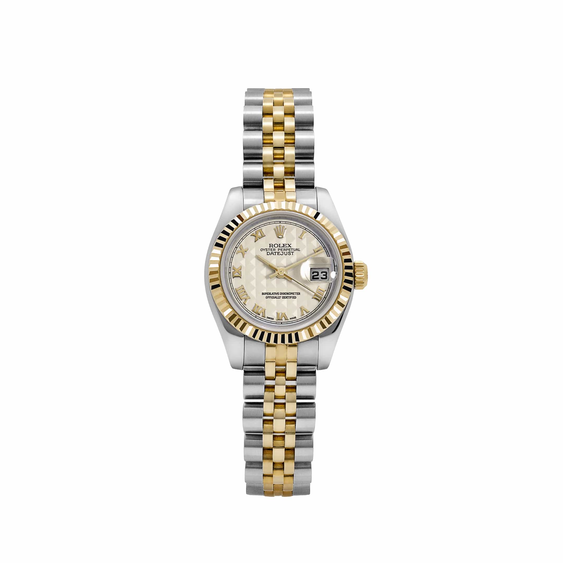 Rolex Datejust 179173 'Ladies' Stainless Steel Yellow Gold Ivory Pyramid Roman Numerals Dial Jubilee (2005)