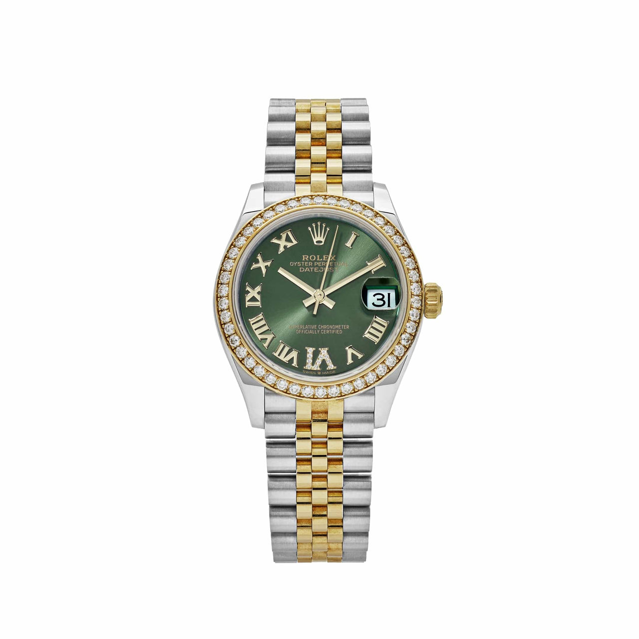 Rolex Datejust 278383RBR Two-Toned Yellow Gold Stainless Steel Green Roman Dial Diamond Bezel