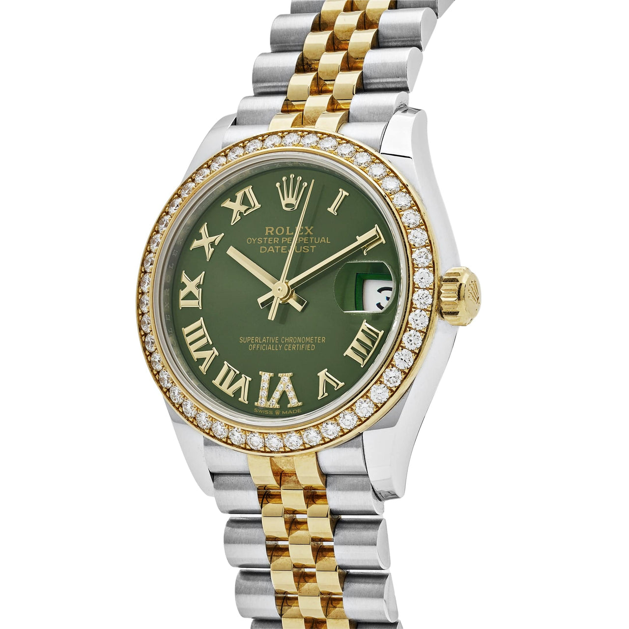 Rolex Datejust 278383RBR Two-Toned Yellow Gold Stainless Steel Green Roman Dial Diamond Bezel