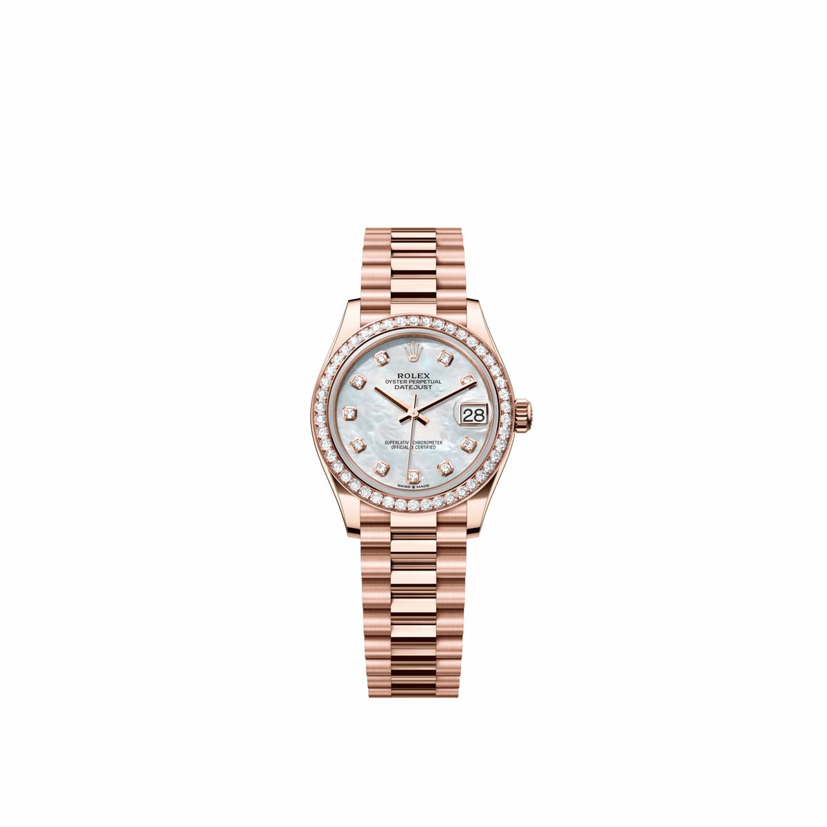Rolex Datejust 31 278285RBR Rose Gold White Mother of Pearl Diamond Dial President Diamond Bezel (2026)
