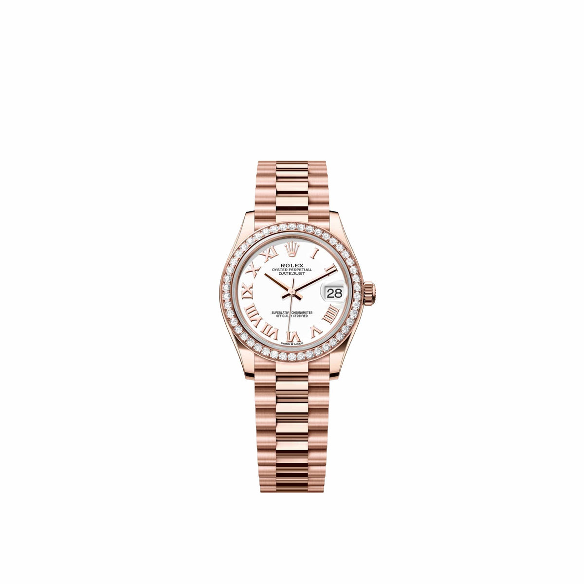 Rolex Datejust 31 278285RBR Rose Gold White Roman Dial President Diamond Bezel (2026)