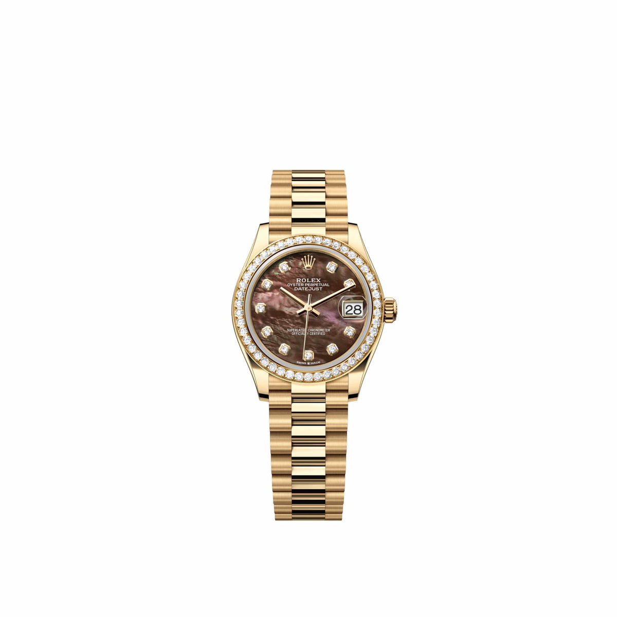 Rolex Datejust 31 278288RBR Yellow Gold Black Mother of Pearl Diamond Dial President Diamond Bezel (2026)