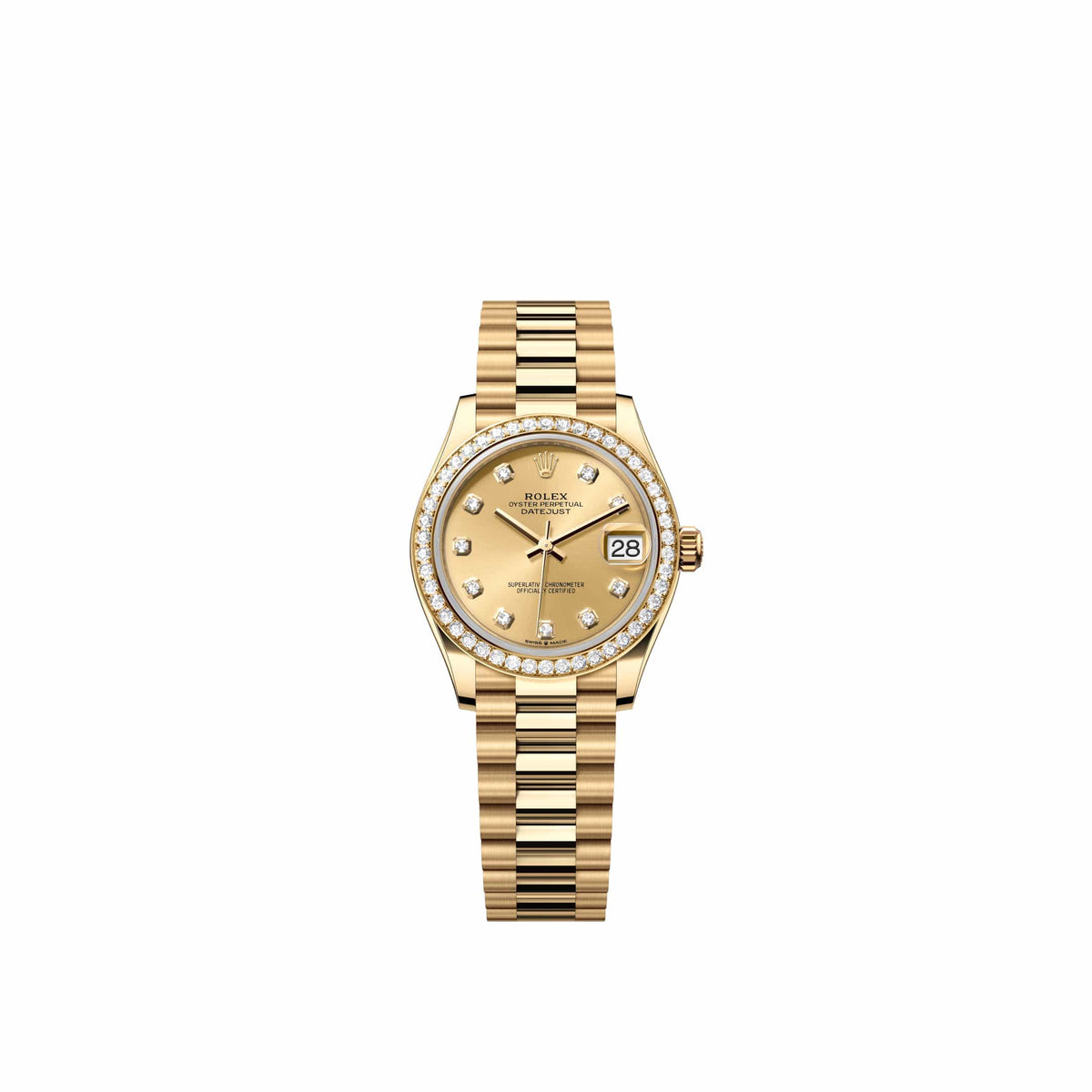 Rolex Datejust 31 278288RBR Yellow Gold Champagne Diamond Dial President Diamond Bezel (2026)