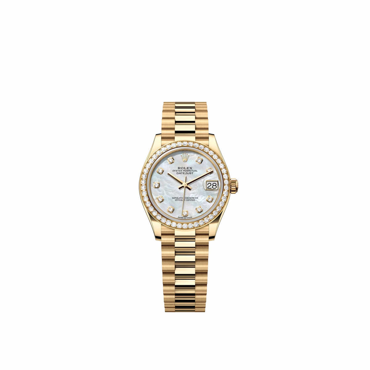 Rolex Datejust 31 278288RBR Yellow Gold White Mother of Pearl Diamond Dial President Diamond Bezel (2026)