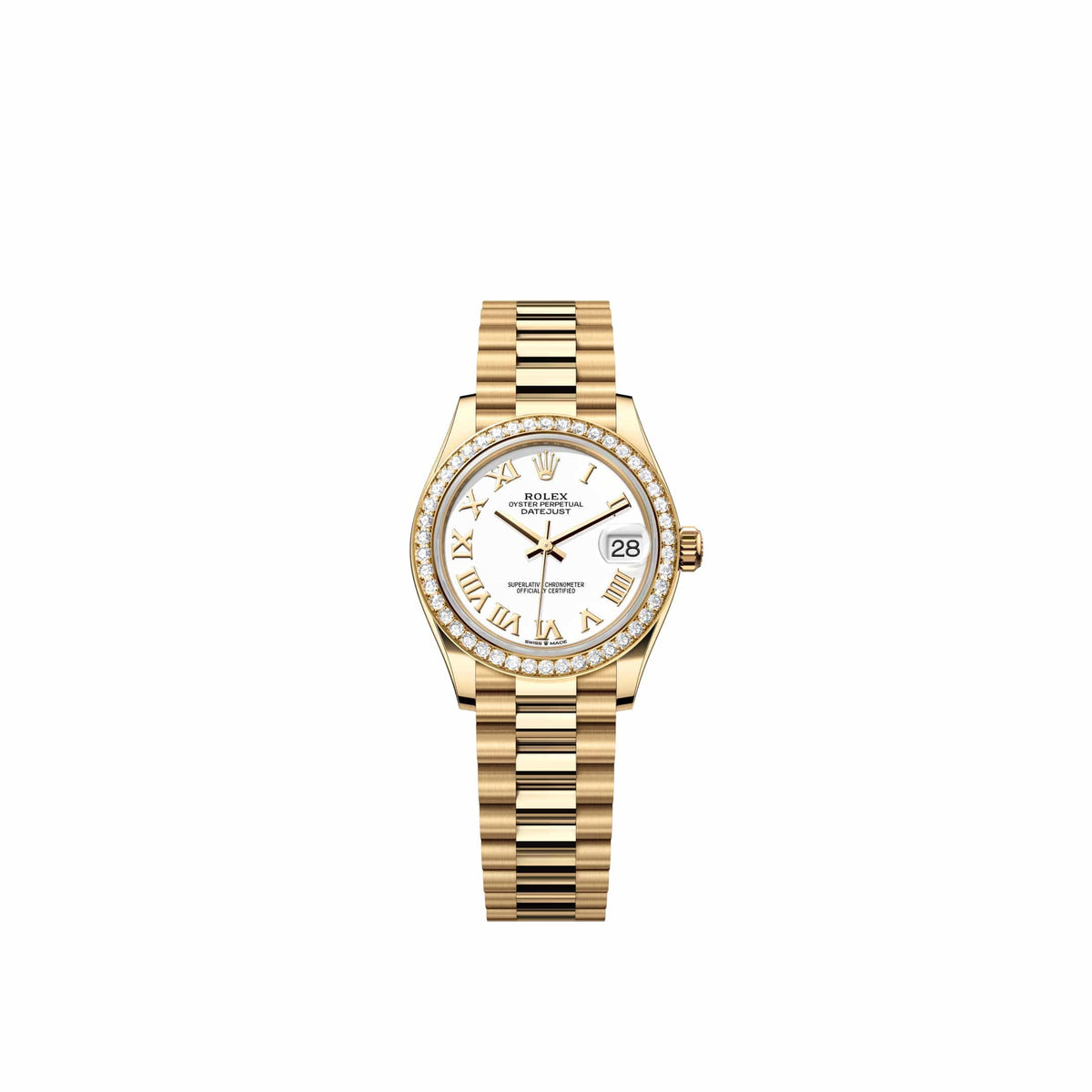 Rolex Datejust 31 278288RBR Yellow Gold White Roman Dial President Diamond Bezel (2026)