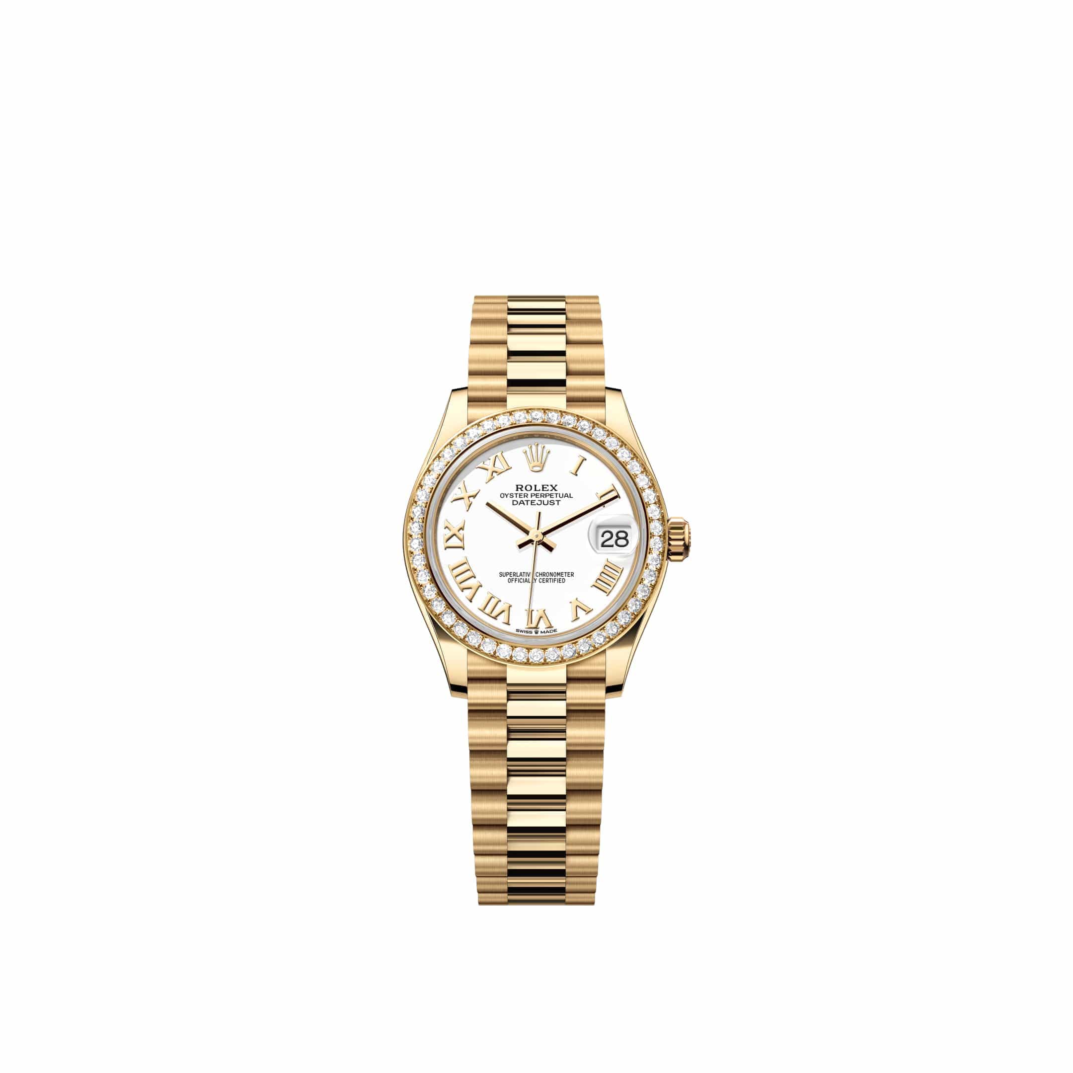 Rolex Datejust 31 278288RBR Yellow Gold White Roman Dial President Diamond Bezel (2026)
