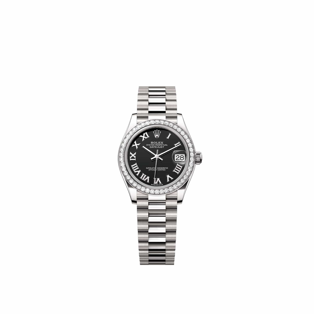 Rolex Datejust 31 278289RBR White Gold Black Roman Dial President Diamond Bezel (2026)