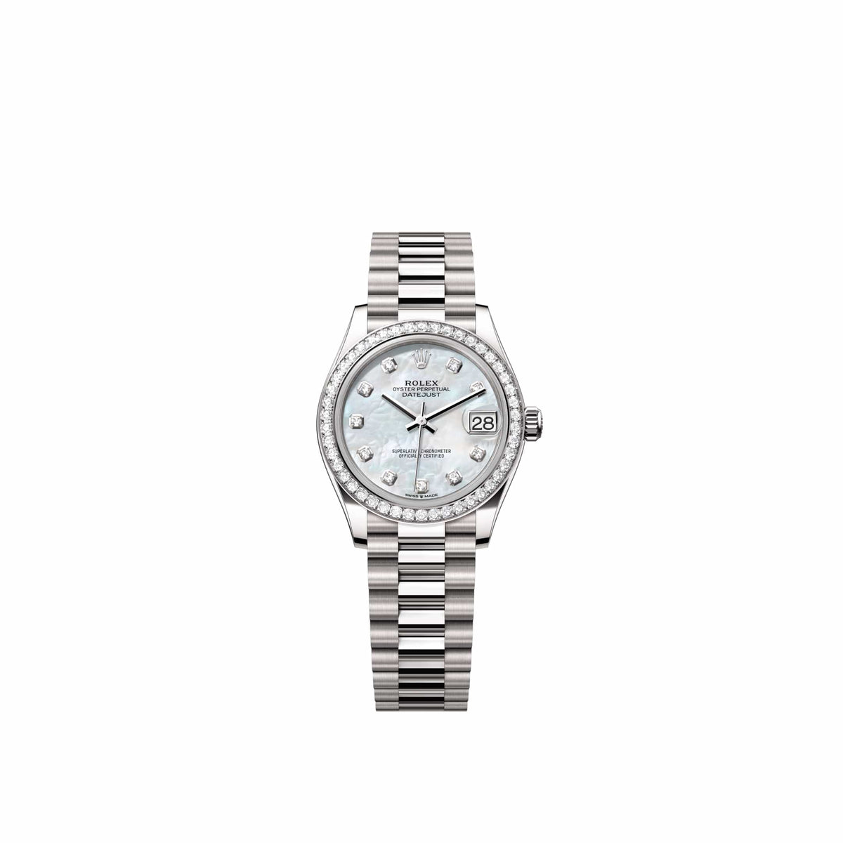 Rolex Datejust 31 278289RBR White Gold White Mother of Pearl Diamond Dial President Diamond Bezel (2026)