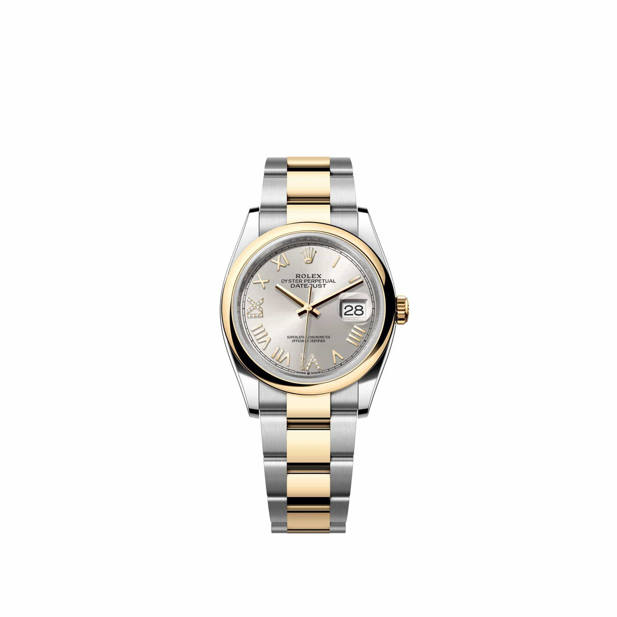 Rolex Datejust 36 126203 Yellow Gold Stainless Steel Silver Diamond Roman Dial Oyster (2026)
