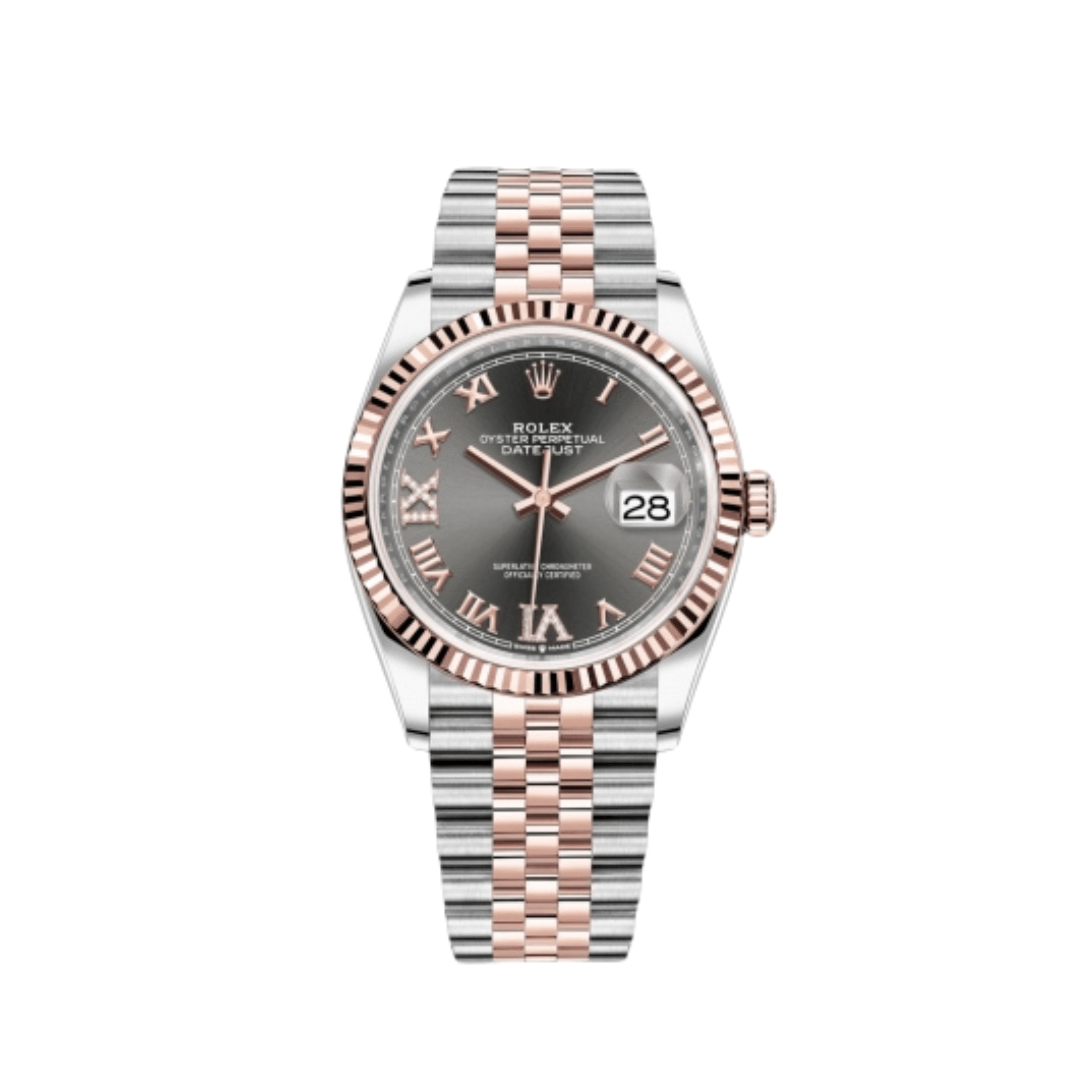 Rolex Datejust 36 126231 Rose Gold Stainless Steel Dark Rhodium Roman Numerals Diamond Dial Jubilee (2020)