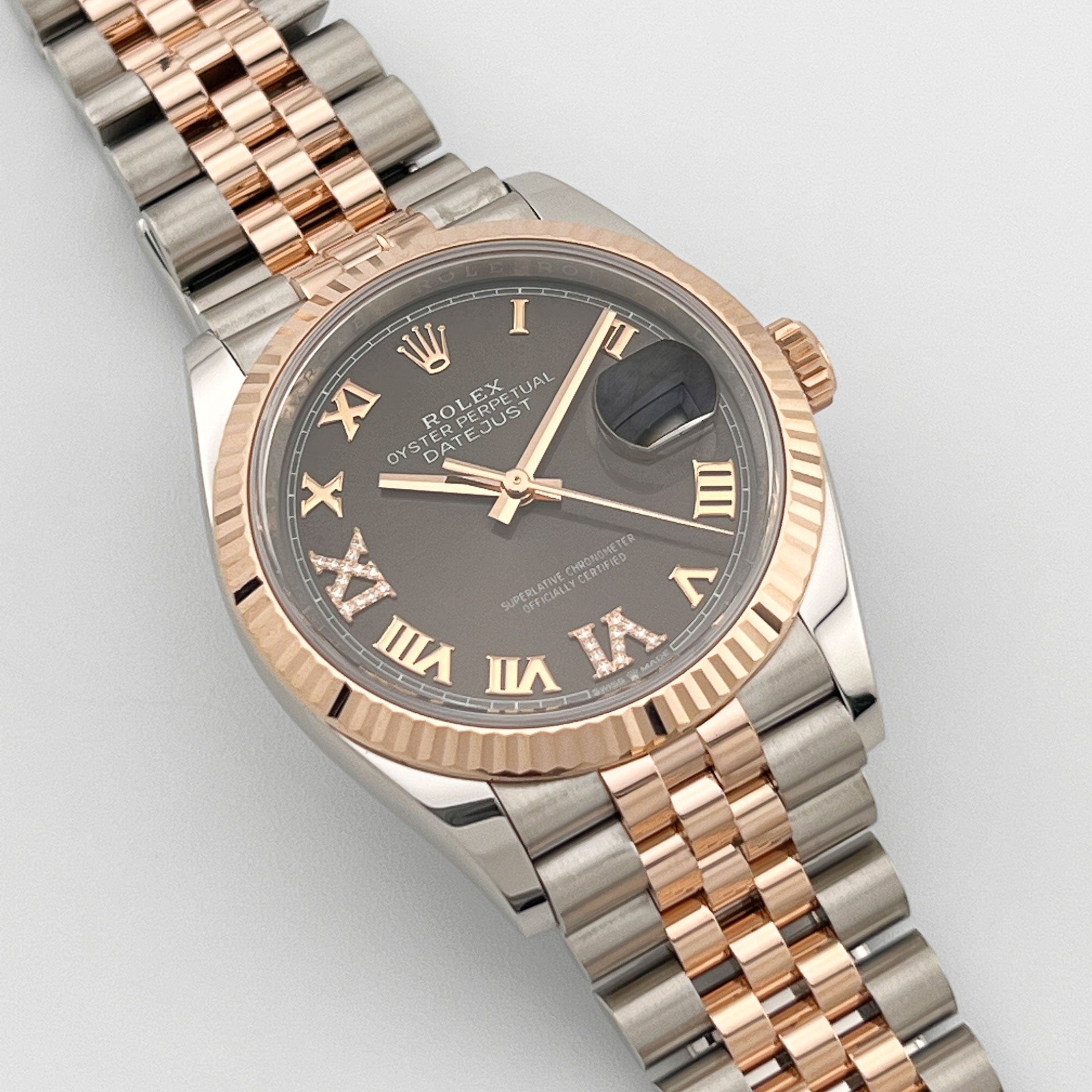 Rolex Datejust 36 126231 Rose Gold Stainless Steel Dark Rhodium Roman Numerals Diamond Dial Jubilee (2025)
