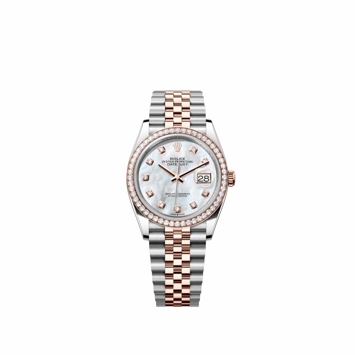 Rolex Datejust 36 126281RBR Rose Gold Stainless Steel White Mother of Pearl Diamond Dial Jubilee Diamond Bezel (2026)