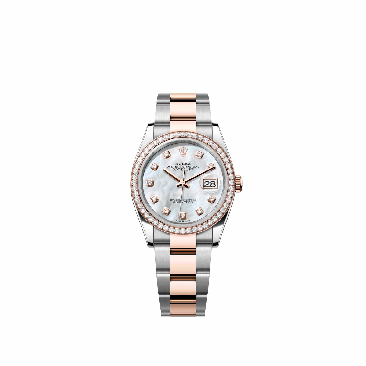 Rolex Datejust 36 126281RBR Rose Gold Stainless Steel White Mother of Pearl Diamond Dial Oyster Diamond Bezel (2026)