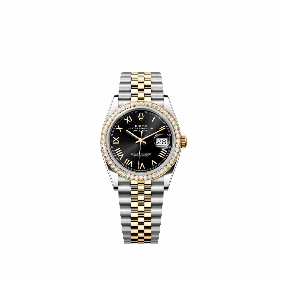 Rolex Datejust 36 126283RBR Yellow Gold Stainless Steel Black Roman Dial Jubilee Diamond Bezel (2026)