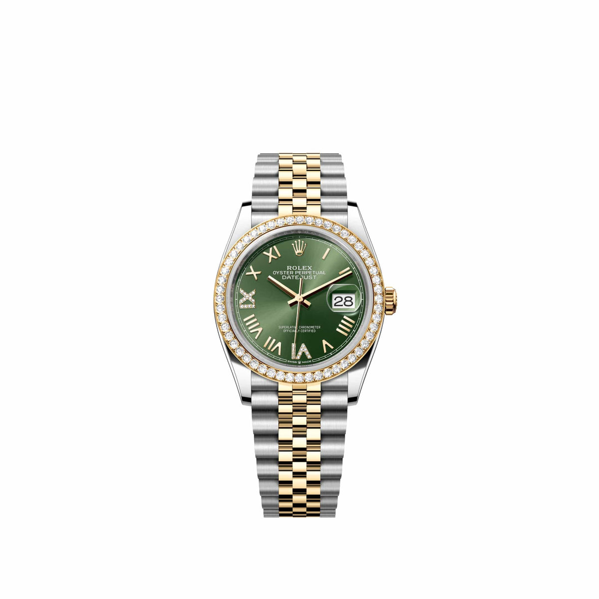 Rolex Datejust 36 126283RBR Yellow Gold Stainless Steel Olive Green Diamond Roman Dial Jubilee Diamond Bezel (2026)
