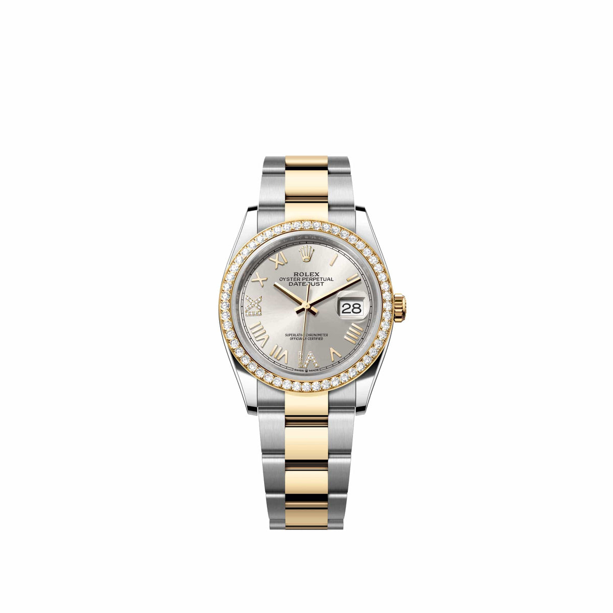 Rolex Datejust 36 126283RBR Yellow Gold Stainless Steel Silver Diamond Roman Dial Oyster Diamond Bezel (2026)