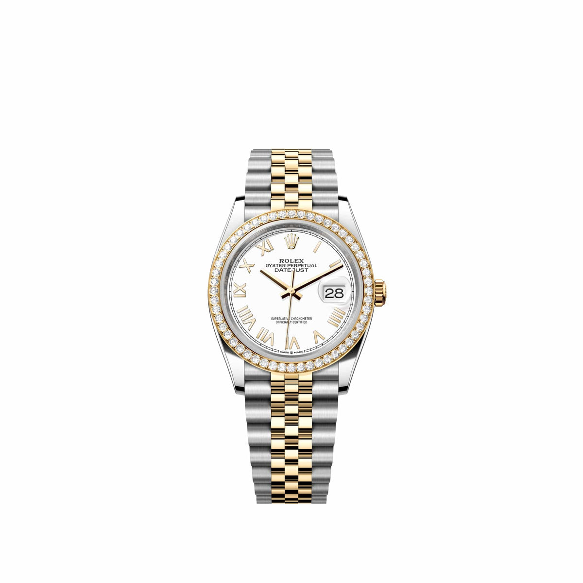 Rolex Datejust 36 126283RBR Yellow Gold Stainless Steel White Roman Dial Jubilee Diamond Bezel (2026)