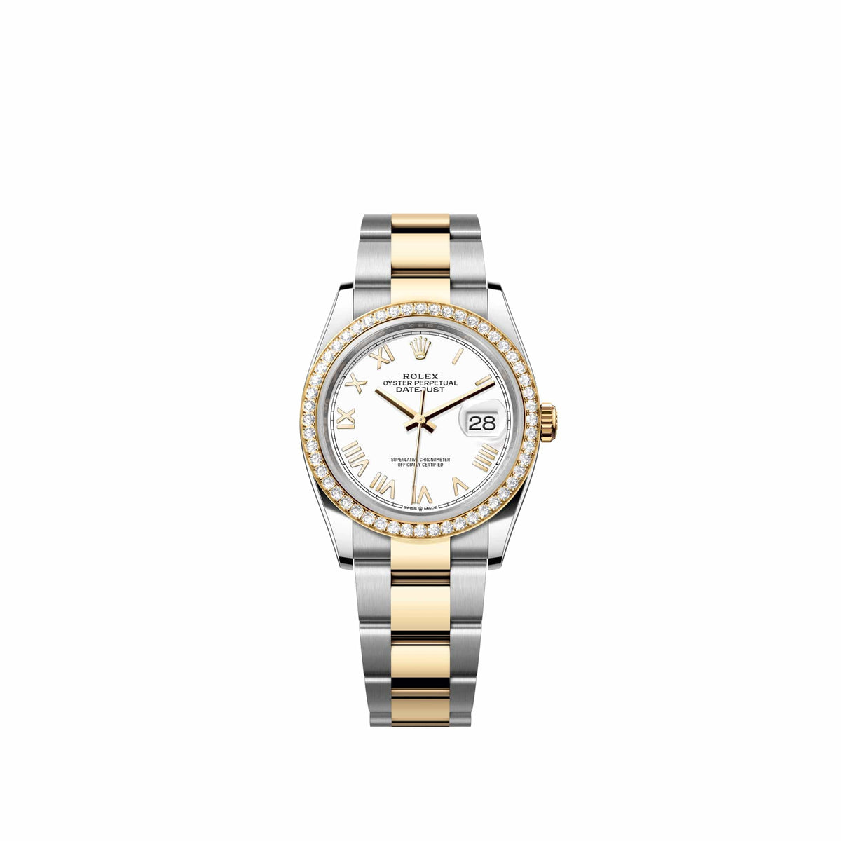 Rolex Datejust 36 126283RBR Yellow Gold Stainless Steel White Roman Dial Oyster Diamond Bezel (2026)