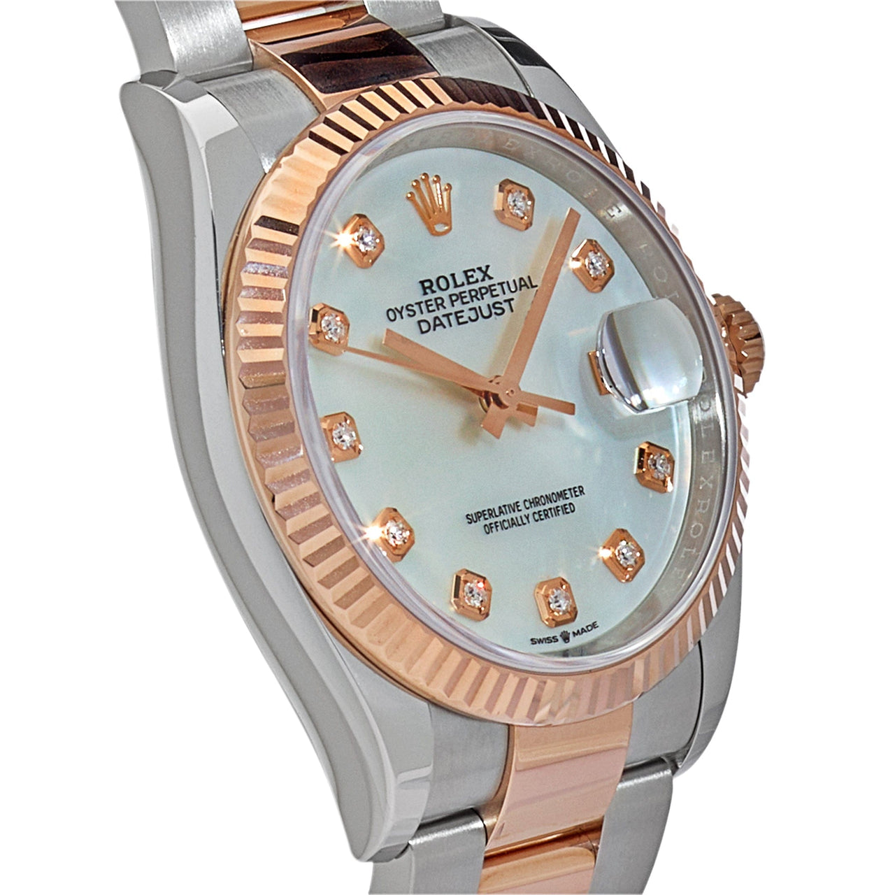 Luxury Watch Rolex Datejust 36 Rose Gold & Steel Mother of Pearl Diamond Dial 126231 Wrist Aficionado