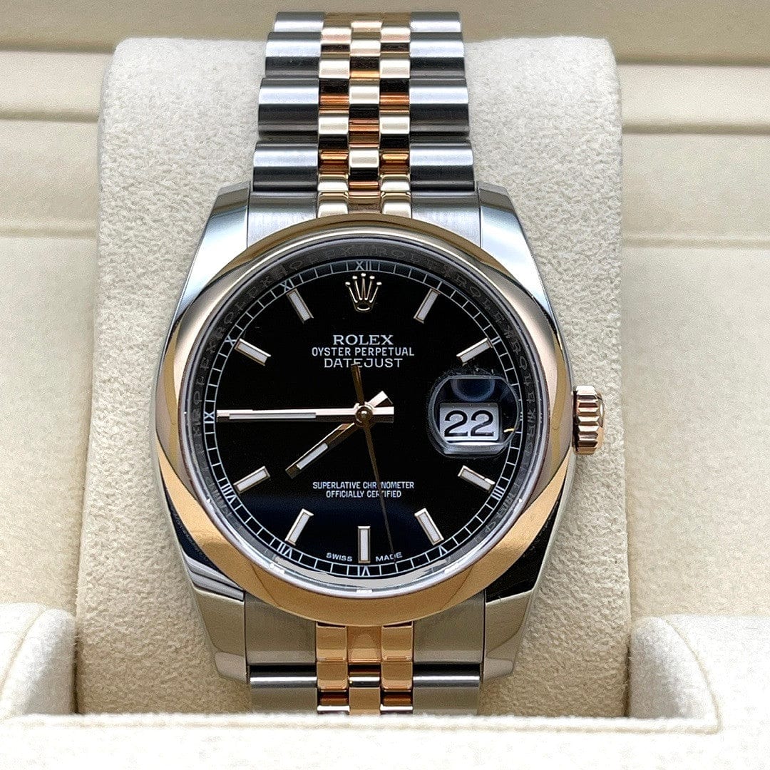 Luxury Watch Rolex Datejust 36 Stainless Steel & Rose Gold Black Dial 116201 Wrist Aficionado