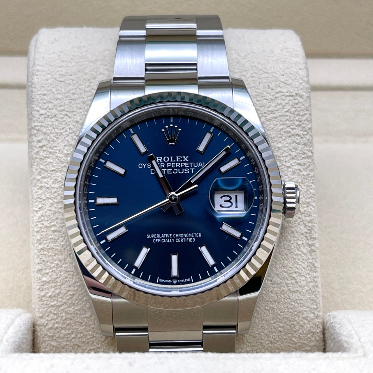 Luxury Watch Rolex Datejust 36 White Gold & Stainless Steel Blue Dial 126234 Wrist Aficionado