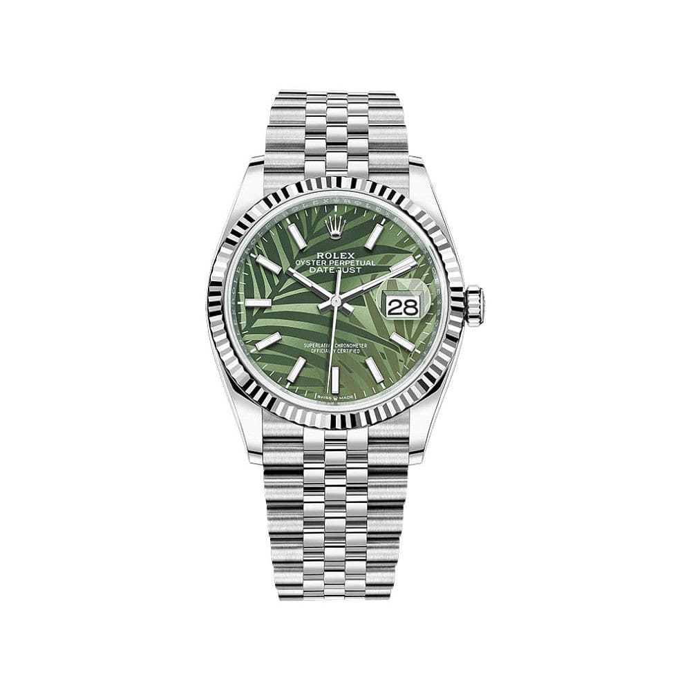 Luxury Watch Rolex Datejust 36 White Gold & Stainless Steel Palm Motif Dial 126234 Wrist Aficionado