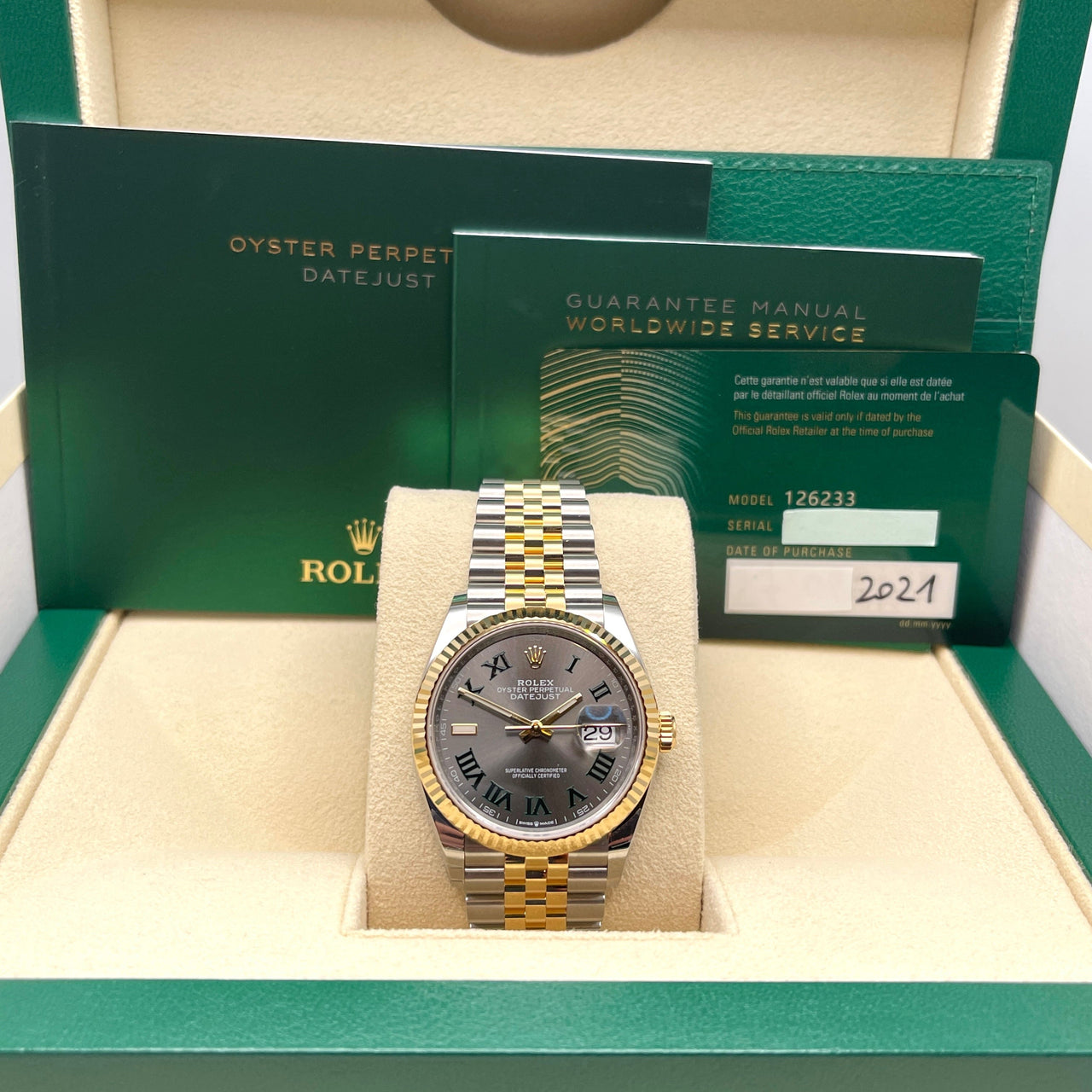 Rolex Datejust 36 Yellow Gold & Steel Slate 'Wimbledon' Dial Jubilee 126233 (2021) Wrist Aficionado