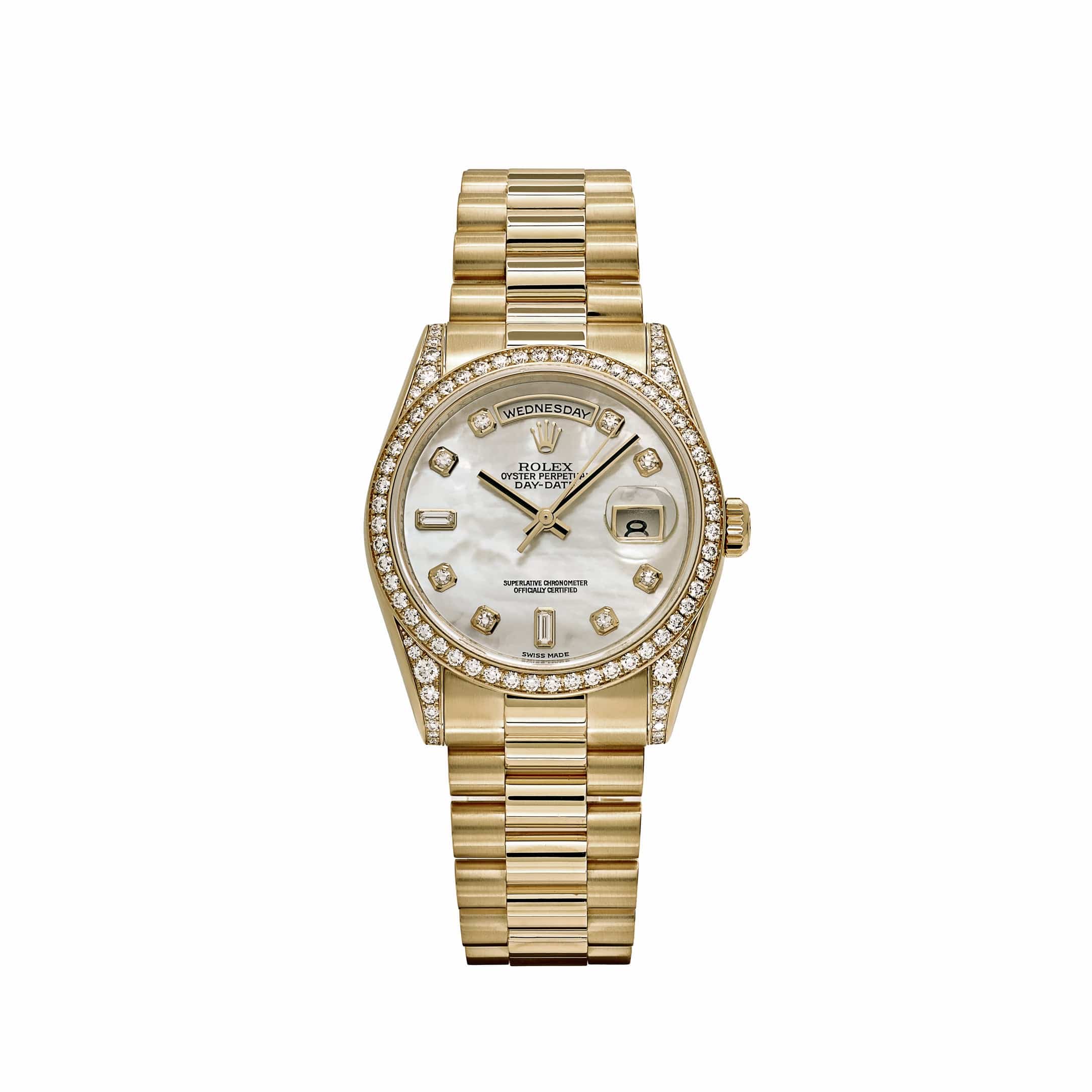 Rolex Day-Date 118388 Yellow Gold White Mother of Pearl Dial Diamond Bezel (2008)